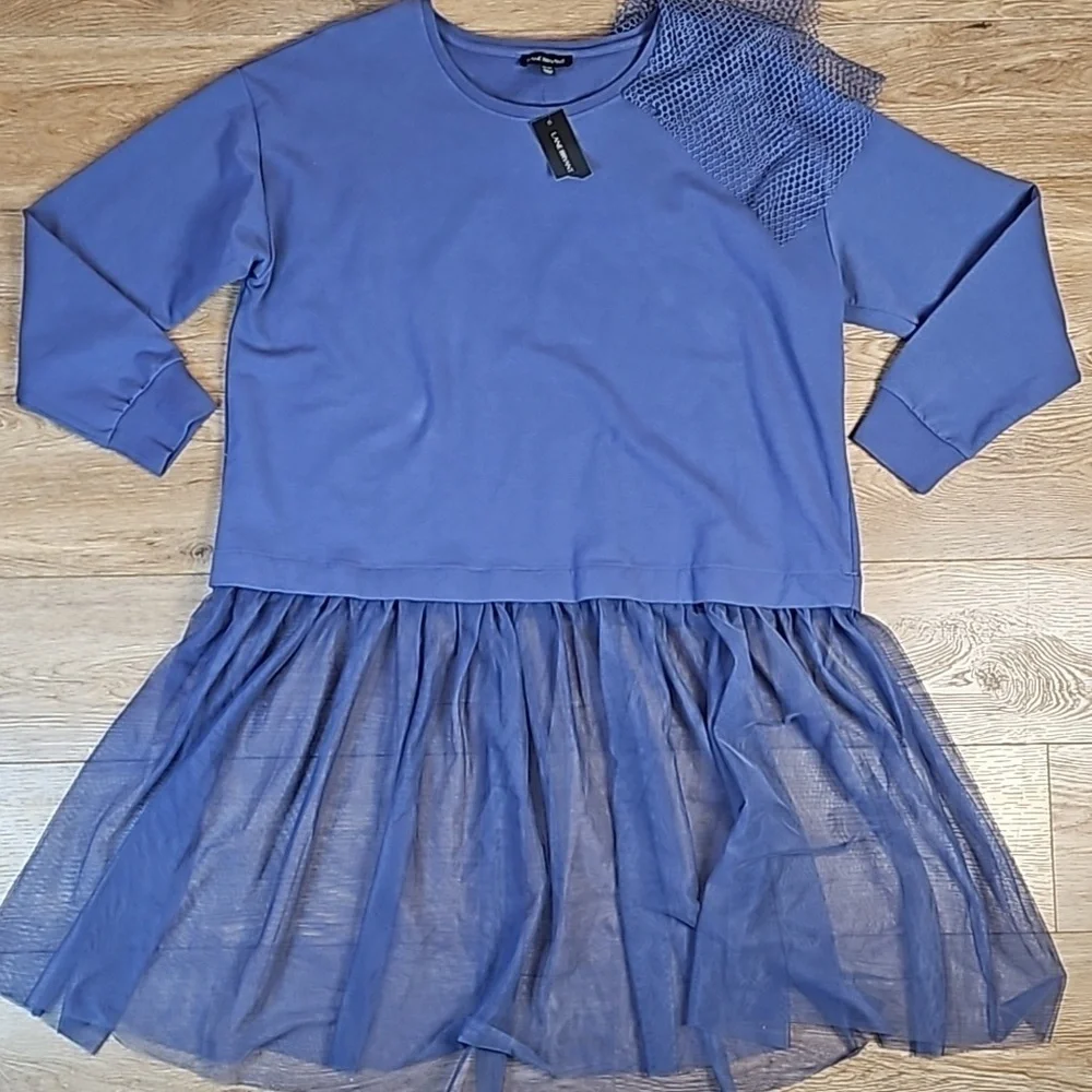 NWT Lane Bryant Periwinkle Crew Neck w Tulle Skirt & Mesh Shoulder Embellishment - Picture 3 of 16